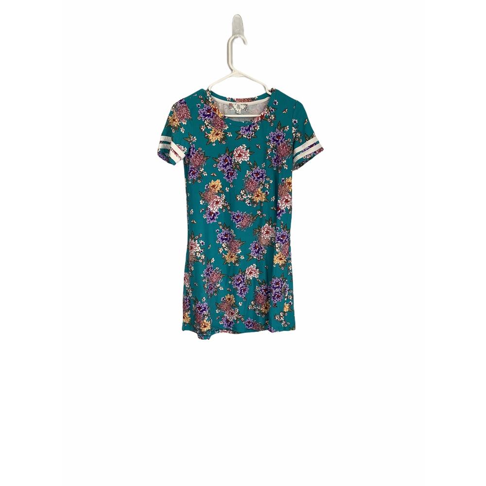 Pink Rose Teal Floral Print T-Shirt Dress Medium